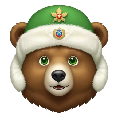 Endearing brown bear with bright green eyes, white fur ushanka hat with detailed Russian Federation emblem prominently displayed on front, iOS emoji style sticker