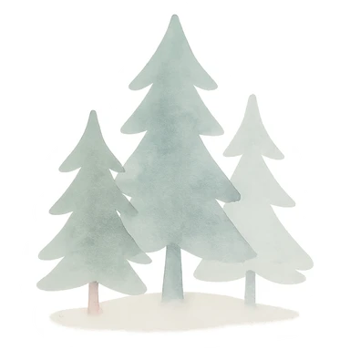 logo style illustration of evergreen trees in folk art style, neutral color tones, watercolor texture sticker