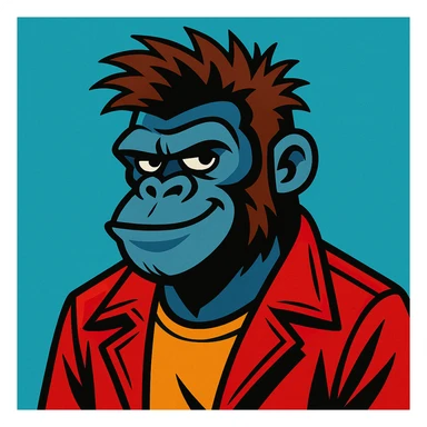 A gorilla with Tyler Durden's signature look: messy hair, bold red jacket, and a confident smirk, inspired by Fight Club's edgy aesthetic. sticker