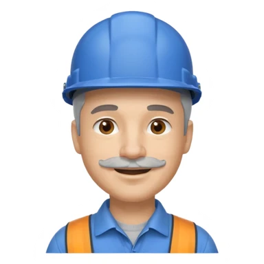 A man emoji with light skin, wearing a blue construction helmet, short gray hair on the sides, straight eyebrows, brown eyes, a small nose, and a thin short straight gray mustache above his smiling mouth. sticker