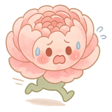 round chibi pastel pink peony, blushing, panicked expression, dashing with small legs, full-body, pastel tones sticker