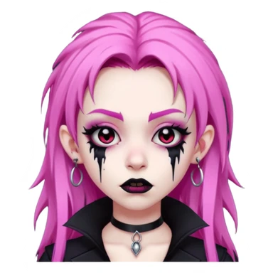 girl, pale black vampire, pink hair, very long, shaggy, dark, spooky,double eyebrow dermal piercing, creepy expression sticker