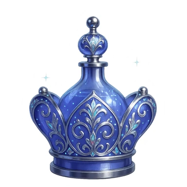 modernus itin prabangus eliksyro buteliukas, maža karūnėlės forma, spalva #7986cb, ryškūs sidabriniai ir holografiniai ornamentai, sodrūs magiški efektai, labai mažas kaklelis, skaidrus fonas, vientisas dugnas, be šešėlio, plūduriuoja ore, kolekcijos stilius sticker