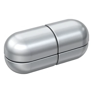 capsule pill emoji, metallic silver halves, smooth glossy finish, futuristic pharmaceutical 3D icon, isolated on white sticker