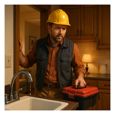 A construction worker entering his home, still in work clothes, noticing a leaky faucet in the kitchen, toolbox in hand, expression focused, background shows a cozy home interior. sticker