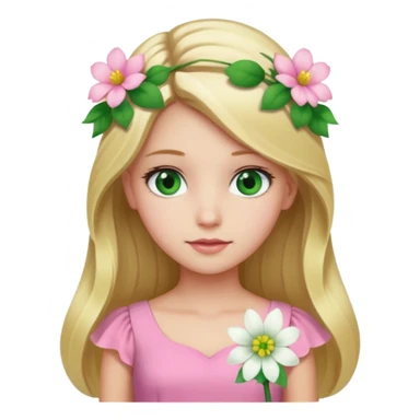 Girl profile picture with long blonde hair and green eyes and a flower in her hair. and a pink outfit sticker