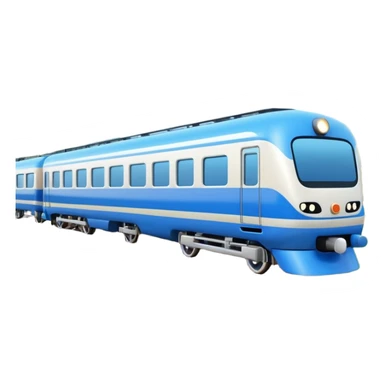 A 3D cartoon passenger train with blue carriages and visible windows, moving through countryside, Memoji-style. sticker