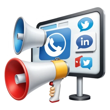 An icon featuring a megaphone, a billboard, and social media icons, symbolizing advertising and public relations. The design includes a press release and a rising graph, representing brand promotion and communication strategies. Transparent background highlights media influence and outreach. sticker