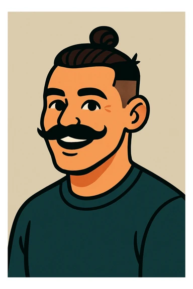 A vibrant cartoon style illustration of a guy with a moustache and a man bun, low taper fade haircut, smiling, neutral background. sticker
