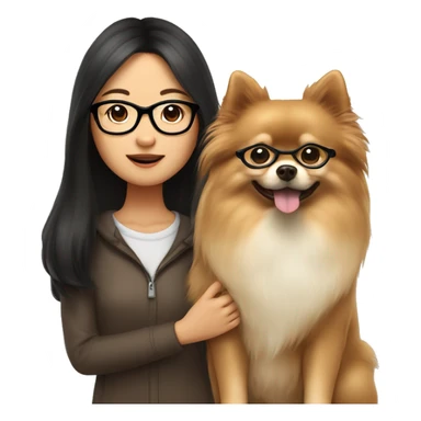 asian girl with long dark brown hair, glasses with thin frameholding a beige Pomeranian dog sticker