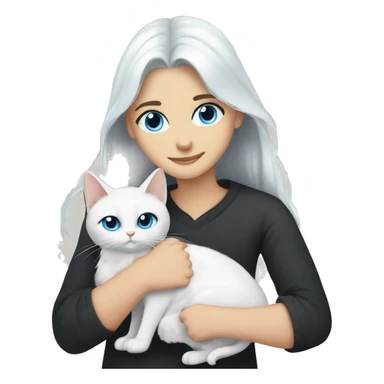 a guy with long dark hair and blue eyes and a girl with long white hair and brown eyes hug a white cat with black ears and blue eyes sticker