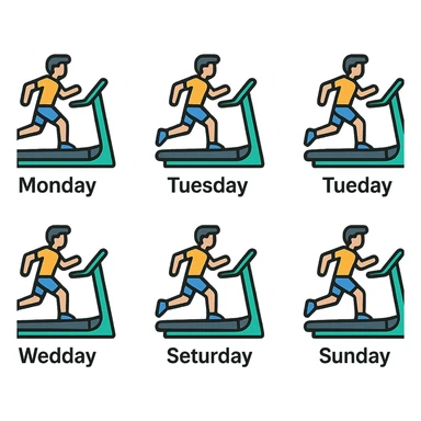 A picture is into seven parts showing a sportsman runnig on the treadmill. In each little picture there is a name of the days of the week, from monday to sunday sticker