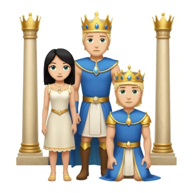 Man as king, standing, black Hair, blue eyes, female Servoamt, blonde, green eyes, shott white sleveless Dress, kneeling, background palace sticker