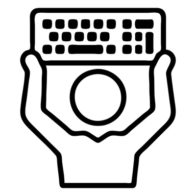 a person holding a keyboard up to their head like a boombox, bold outlined icon style sticker