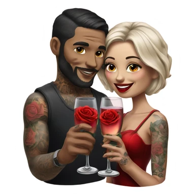 Hyper Realistic tattooed couple drinking champagne with red roses  sticker