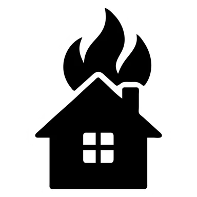 a house on fire, black color, solid filled icon style sticker