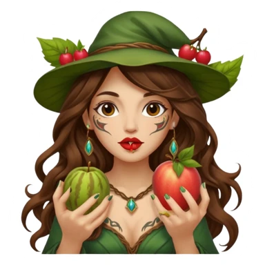 forest mage woman long wavy brown hair tattoos holding fruit near lips sticker