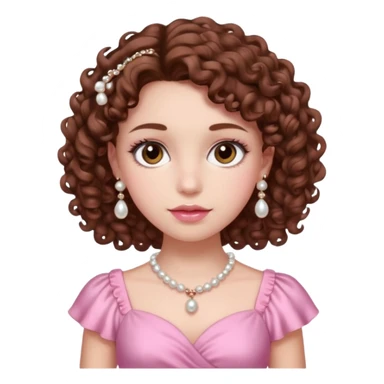 A girl with a brown curly hair and beautiful brown eyes and white skin and pink dress with pearl jewelry sticker