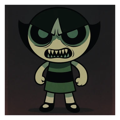Full body cartoon style of Buttercup from Powerpuff Girls with a scarier and more intimidating face, keeping her signature green dress and short hair, using dark and eerie colors for the rest of the image. sticker