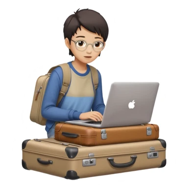 페르소나 요약 : 교환학생을 준비하는 대학생. 동양인 중성 20대의 상반신, 캐주얼한 옷을 입은 채 노트북을 보고 있으며 옆 한켠에는 캐리어가 함께 준비되어 있어요. sticker