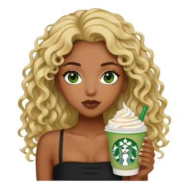 a black girl with long curly wavy blonde hair and green eyes wearing a black tube top holding a starbucks matcha facing forward aesthetic  sticker