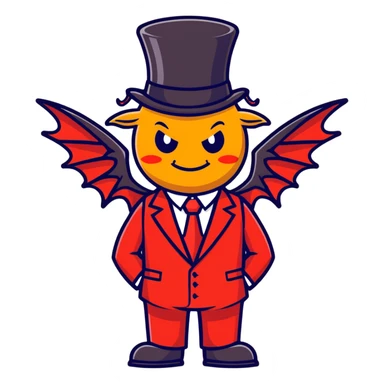 A waffle wearing a top hat and a red business suit with demon wings sticker