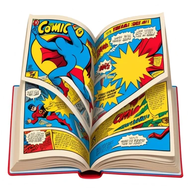 Create a vibrant emoji representing comic books and graphic novels. The design should feature a large, open comic book or vintage comic magazine with pages displaying classic comic art, with text. The comic pages should have bold, dynamic panels and action scenes. Include a pencil writing on the pages, but without a hand, to symbolize the artistic creation of comics. Use bright colors like red, blue, and yellow, with a retro feel to the design. Make the background transparent. sticker