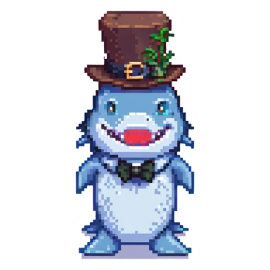 pixel art shark wearing a tophat sticker
