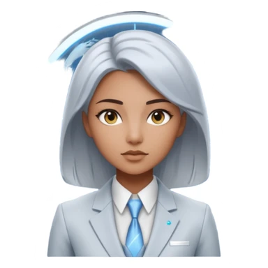 Artemis, A sleek female avatar with a focused, forensic gaze, wearing a minimalist white and silver tailored suit accented with moonlight blue. She is analyzing a transparent holographic interface displaying complex global sovereign credit data. sticker