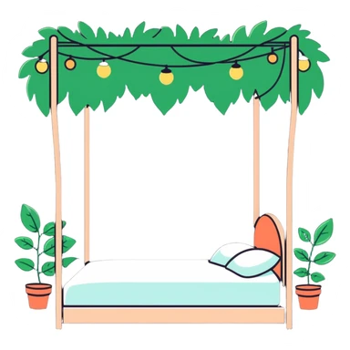 dreamy bed with twinkle lights and leafy vines hanging from above sticker