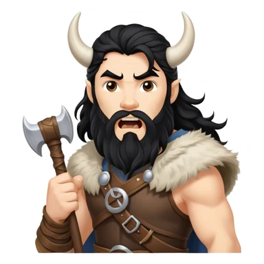 vikingo, con cuerno de vaca, pelo negro ondulado, de pie, grito de guerra en torre de Asgard. sticker