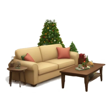 Cozy living room with christmas tree and a beige sofa and a tv sticker