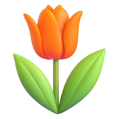 A single orange tulip with green leaves, surrounded by small decorative leaves and stars, in 3D iOS emoji style with soft gradients and glossy finish, no background. sticker