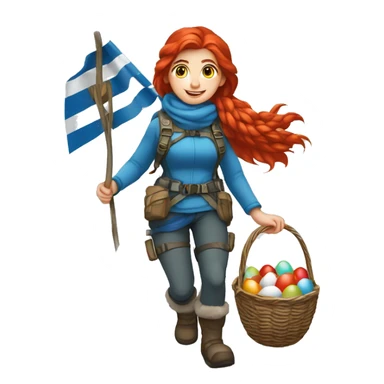Female winter mountaineer red hair white skin climbing with Greek Flag and Easter eggs basket sticker
