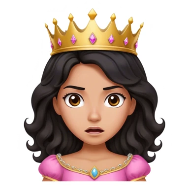 Very tanned princess, with long black wavy hair and a crown, a pink princess outfit But angry sticker