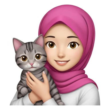 Asian white Girl wearing dark pink hijab with white shirt smiling while holding a black brown grey tabby cat sticker