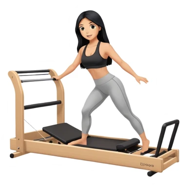 woman with tanned skin, long black hair, wearing a sports bra, doing Pilates on a reformer machine sticker