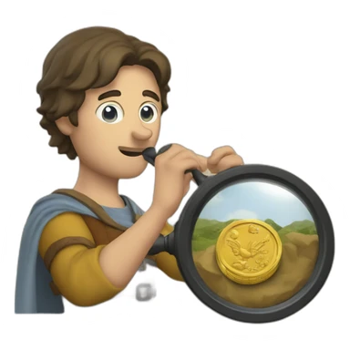 medieval coin collector, looking at a coin with a magnifying lense sticker