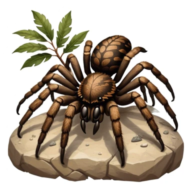 Close-up of a giant hairy tarantula in its natural habitat, with intricate web details surrounding it. The spider's texture is highlighted, emphasizing its hairy legs and features. Soft background with natural elements like leaves or rocks. Transparent background. sticker