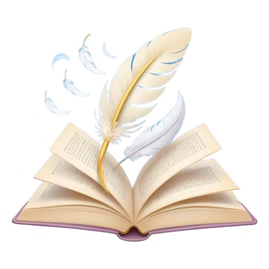Create a delicate and poetic emoji representing poetry. The design should feature several elegantly flying pages with short poetic columns written on them. The pages should appear light and flowing, almost as if being carried by the wind. Include a white feather gently resting on the pages, symbolizing creativity and inspiration. Use soft, pastel tones to give it a dreamy, artistic feel. The design should feel ethereal and whimsical, capturing the essence of poetry. Make the background transparent. sticker