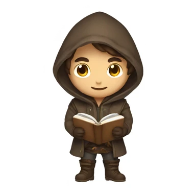 human male rogue with brown hair holding a book wearing a hood smiling sticker