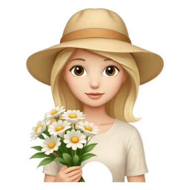 beautiful model blonde girl in a summer beige hat in a beautiful white top with a bouquet of white flowers sticker