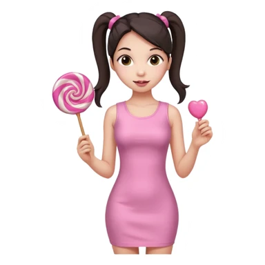 Girl with long dark ponytails wearing light pink bodycon dress holding a lollipop sticker