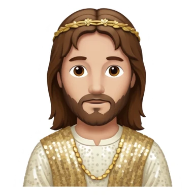 Jesus Christ from The Bible with long brown hair, ivory sequin outfit sticker