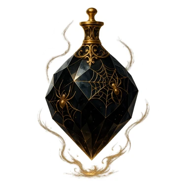 luxurious black crystal elixir bottle with many shining facets, ornate decorations including spiders and spider webs, golden details, magical effects, very small golden neck, transparent background, beautiful merging base, clearly floating in air without base or shadow, premium class impression, design matching a collection of crystal, luxurious, magical bottles sticker