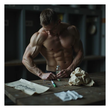 young male bodybuilder in a gym locker room injecting an unknown substance from an unlabeled vial into his arm, crumpled paper with handwritten 'protocollo', used syringe and alcohol wipes scattered on bench, gritty tense atmosphere, harsh locker room lighting, hyperrealistic 4K details sticker
