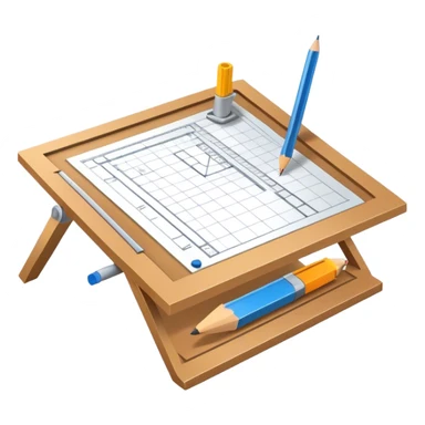 Sleek icon for Architecture: engineer's drawing board with building blueprints, 3D model of the building out of board, pencil, ruler, architect's protractor and square. Transparent background. sticker