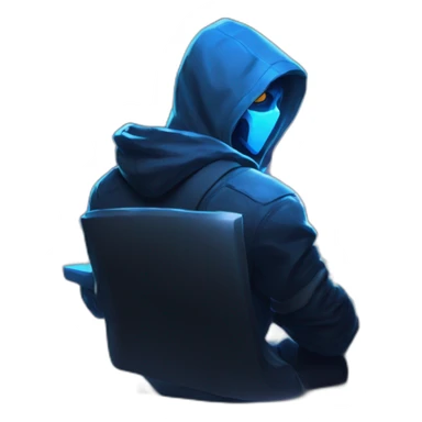 developer behind his laptop with this style : Riot Games Valorant neon glowing bright blue character blue black hooded assassin themed character sticker