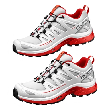 Ultra simplified white Salomon XT-6 shoes with just a red colored line across the middle, one behind the other, completely white design except for the colored center line sticker