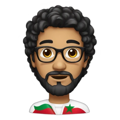 Black hair and beard, dark brown eyes white man with glasses holding Moroccan flag sticker